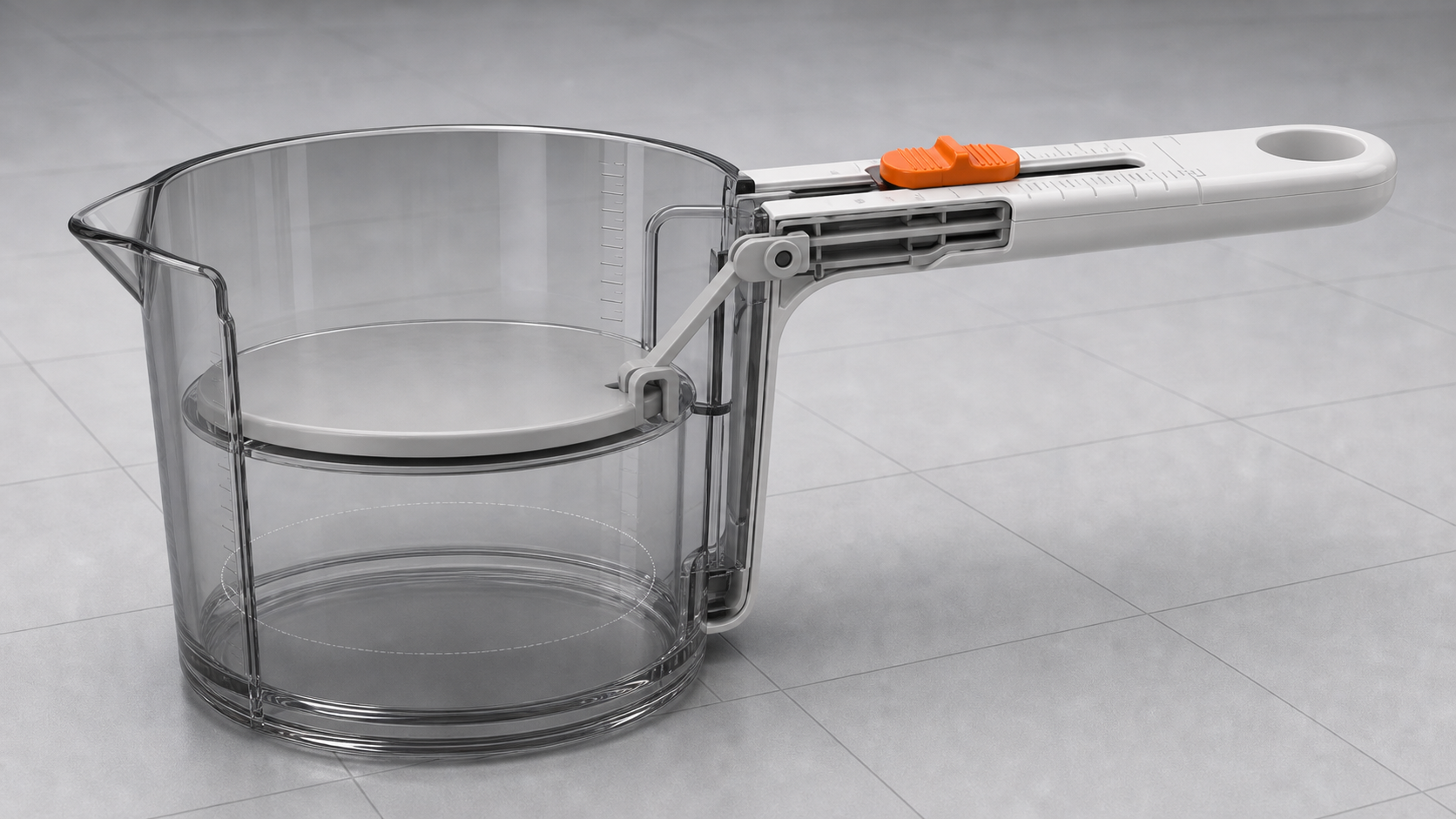 Transparent spoon-like measuring beaker showing the internal slider linkage and partition.