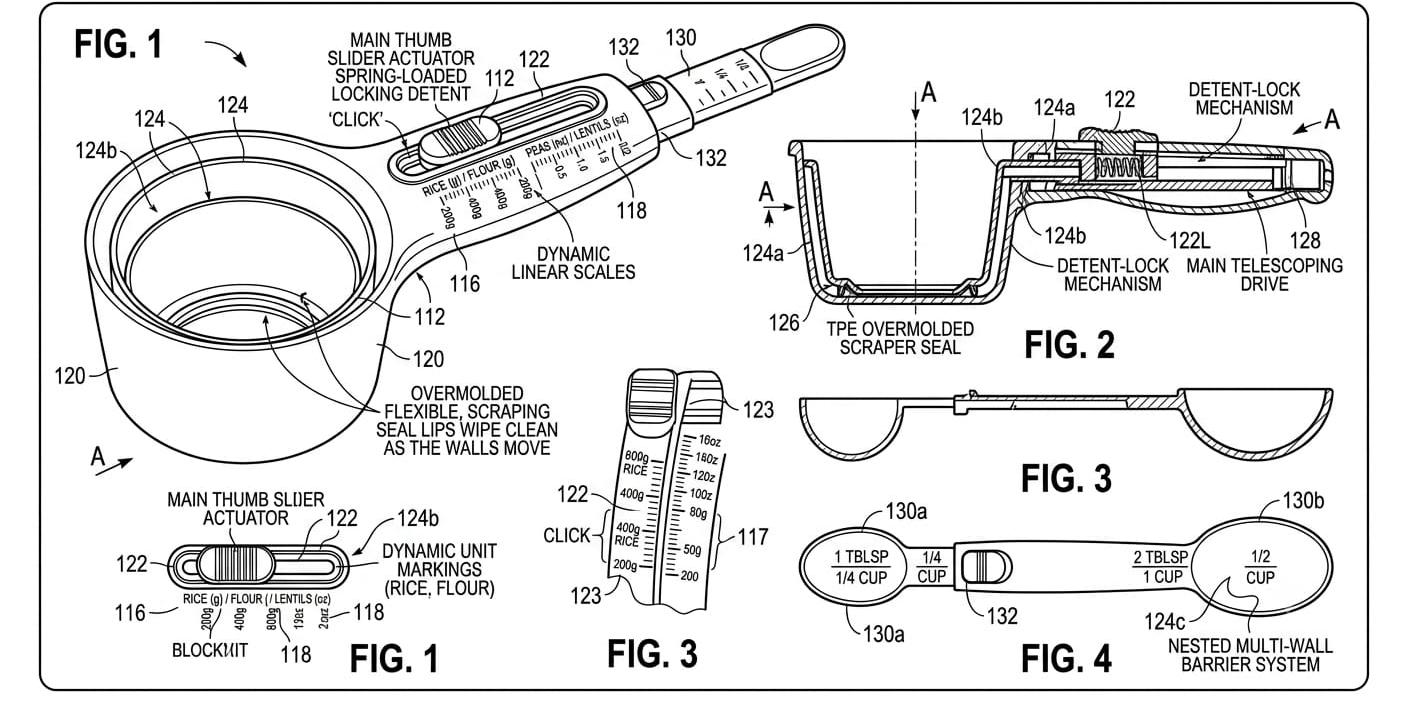 Patent-style drawing of the adjustable measuring device.